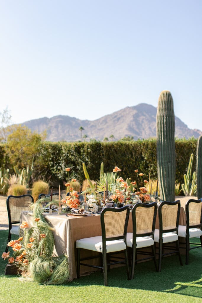 Full outdoor reception table styled with peach roses and trailing grasses, surrounded by saguaro cacti and desert landscaping beneath a clear Arizona sky